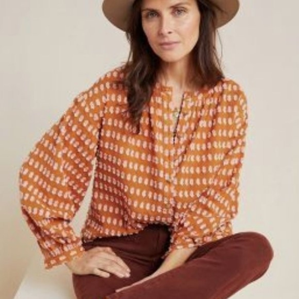 Anthropologie Pilcro Tavi Textured Button Down Blouse Rust Orange S OB1104511